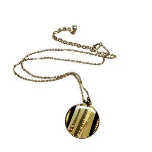 Gold Round Pendant Necklace with Geometric Striped Inlay Design for Women